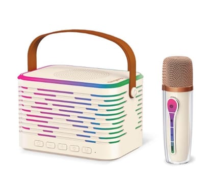 FINGERS KaraokeStar-K4 Portable Speaker with Wireless Mic (12 W Peak Output, RGB Lights on Both Speaker & Mic, 9-Hour Playtime, Bluetooth | FM Radio | MicroSD | AUX, Multi-Point Pairing), Rich White