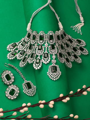 Silver Plated Green AD Studded Kiara Advani Inspired Choker Jewellery Set Silver Plated Green AD Studded Kiara Advani Inspired Choker Jewellery Set