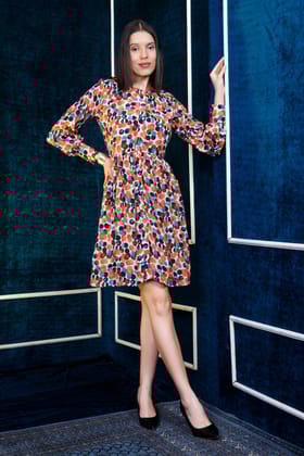 Orange and blue digital print crepe dress with pleating-S
