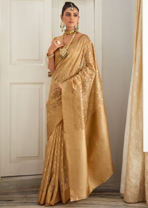 Classy Golden Beige Woven Banarasi Organza Silk Saree