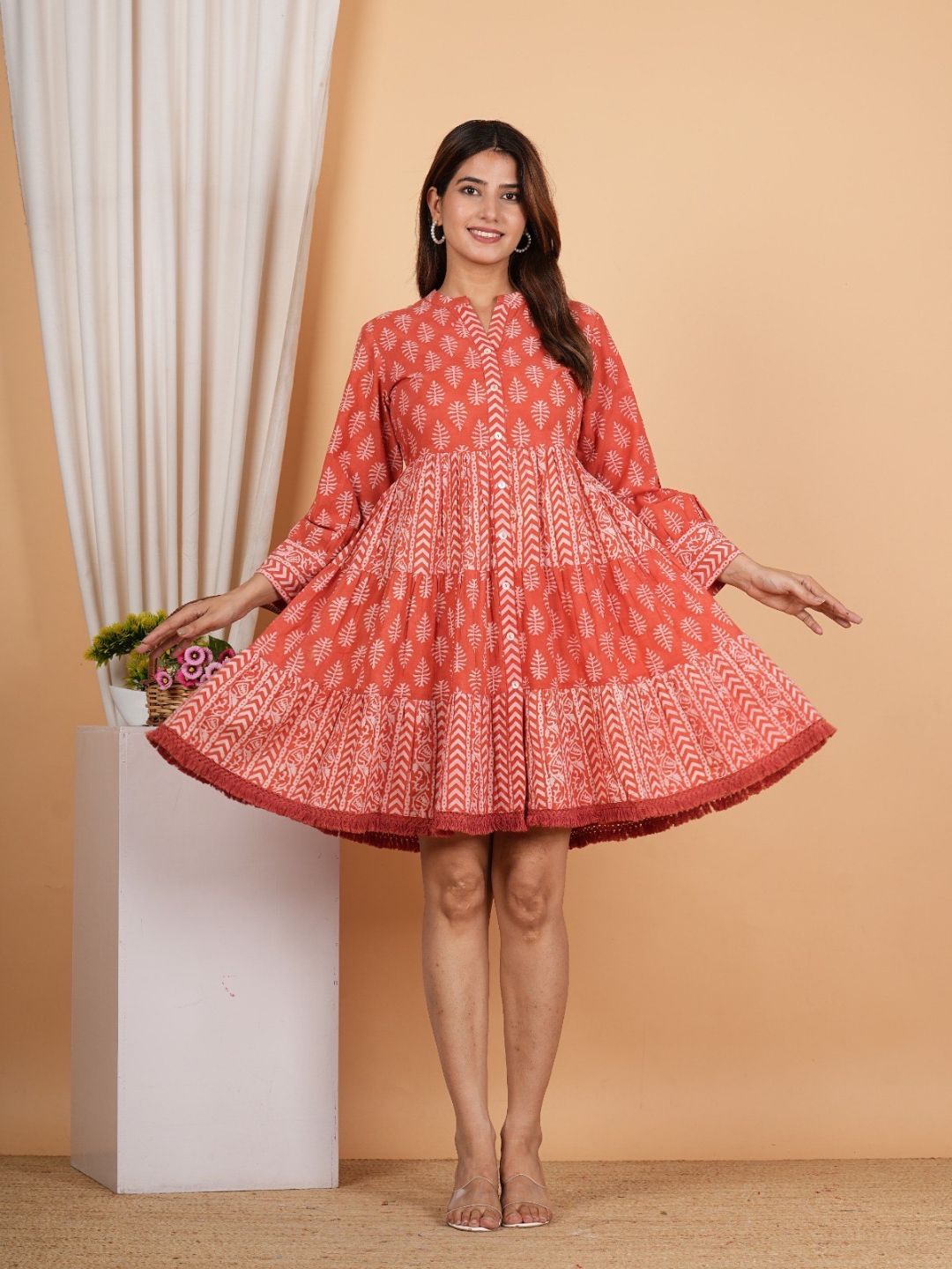 Rustic Elegance: Handblock Cotton Flared Dress-M