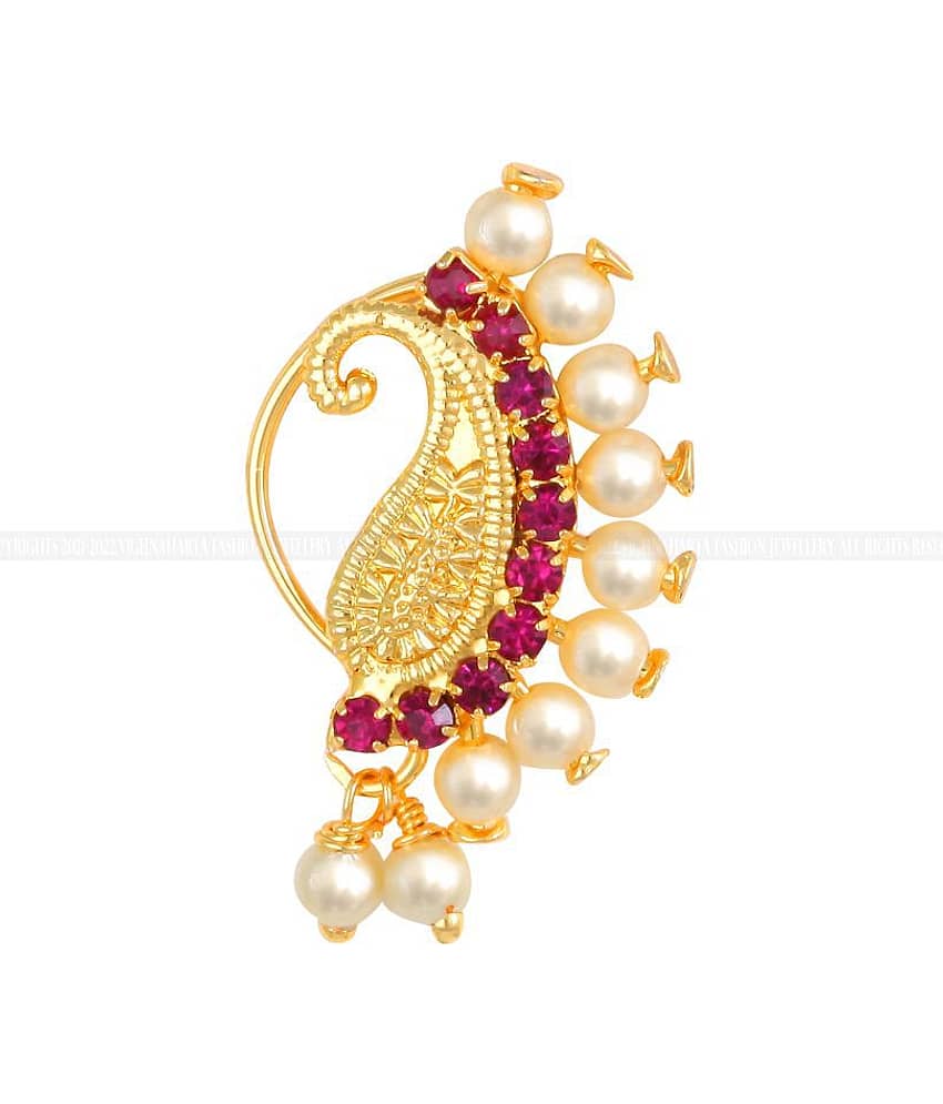 Vighnaharta Gold Plated Mayur Design with Pearls and AD stone Alloy Maharashtrian Nath Nathiya./ Nose Pin for women VFJ1015NTH-TAR