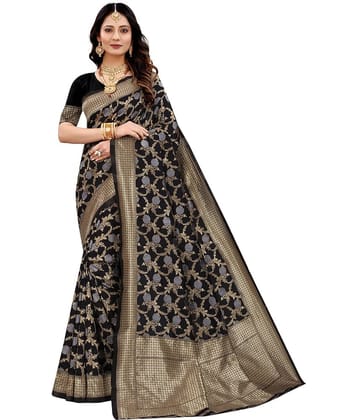 NENCY FASHION Banarasi Silk Self Design Saree With Stitched Blouse ( Black )