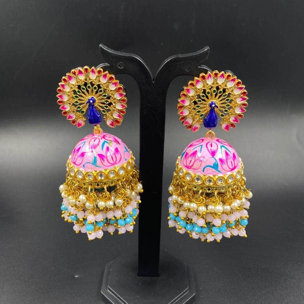 Pink Meenakari Peacock Jhumka Earrings,Light Weight Earrings,Desing