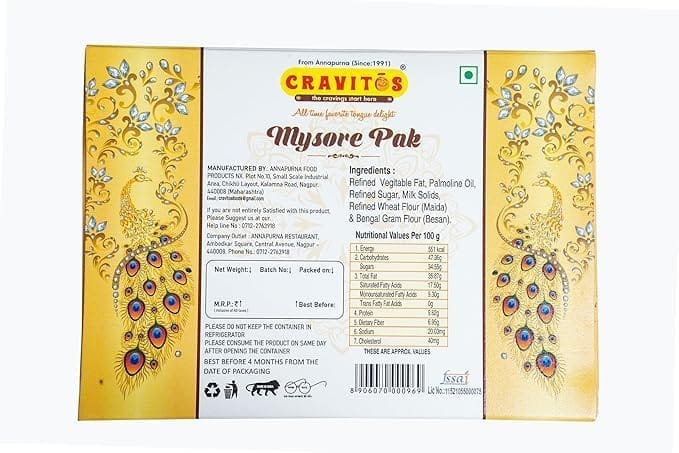 Cravitos Mysore Pak | Authentic Indian Sweet | Melt-in-Mouth Texture | Crafted with Care | Freshly Made 200g Pack of 5