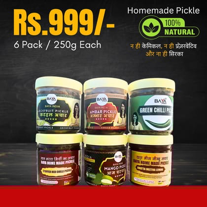 Baya India Homemade Pickle Combo  6 Flavors (250g Each) | Traditional Taste | No Chemicals & Preservatives | Authentic Indian Achaar