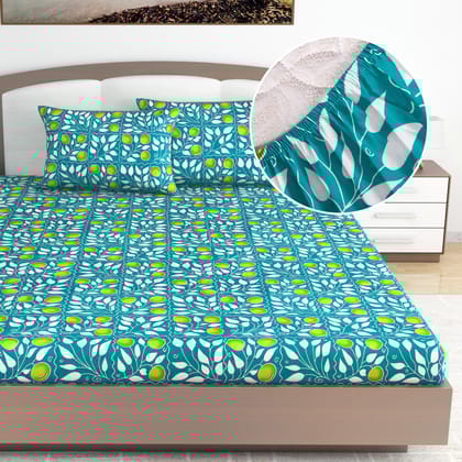 Clementine Green Floral Print Fitted King Bedsheet-King / Blue / ME1154-FKB