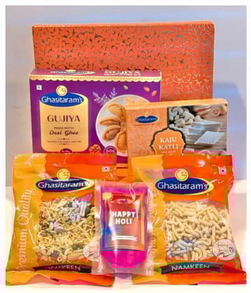 Ghasitaram's Holi Gift Pack with Gujiya 400gm + Kaju Katli 100gm + Namkeen two pack 200gm and Free Organic Colour