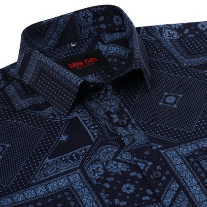 Navy Blue Patterned Full-Sleeve Shirt (D007)-L-40 / Full Sleeve