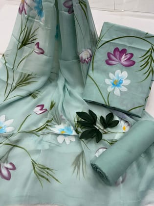 Brush Painted Cotton Suit With Chiffon Dupatta