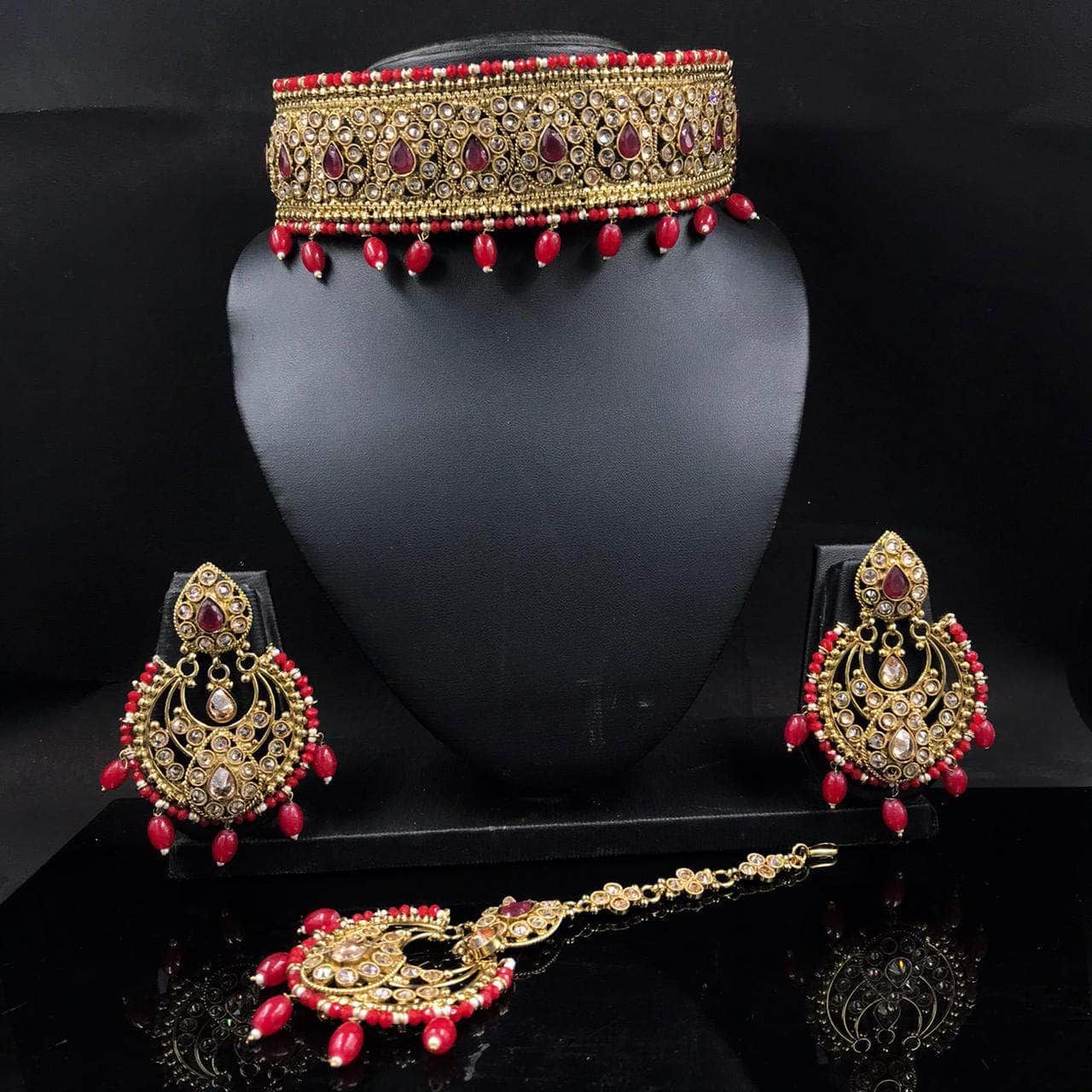 ZEVAR I Red Stone-Studded Pearls Choker Jewellery Set