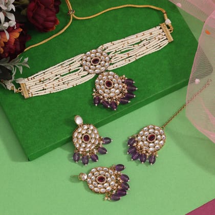 Light Purple Color Choker Kundan Necklace Set-Adjustable rope / Light Purple / Necklace Length: 26.00 CM x Width: 5.00 CM