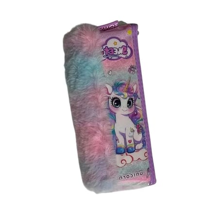 Cute Unicorn Printed Kids Pencil Case with Soft Fur Cover | Multi-Color Fluffy Zipper Pouch for School Supplies | Stylish Cartoon Unicorn Stationery Organizer for Girls