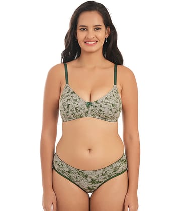 Elina Pack of 1 Cotton Bra & Panty Set For Women ( Green )