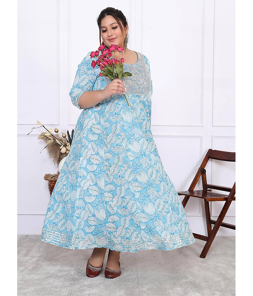 Label Flavia Women Cotton Printed Anarkali Kurti ( Blue )