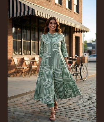 Yash Gallery Women Cotton Striped A-line Kurti With Pants ( Green )