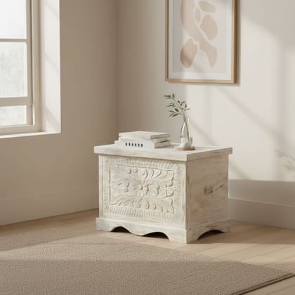 Wooden Carved Central Trunk Storage Coffee Table-Side Box