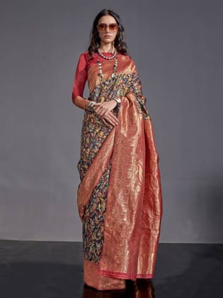 Black With Peach Banarasi Jamawar Woven Soft Silk Saree