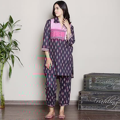 Block Printed navy blue kurta set with yoke detailing-M