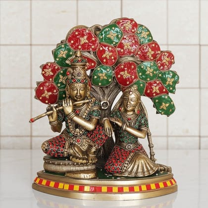 Brass Radha Krishna Idol With Tree - Handcrafted Showpiece, Height : 11.7 Inch (BSMAS1548 E)
