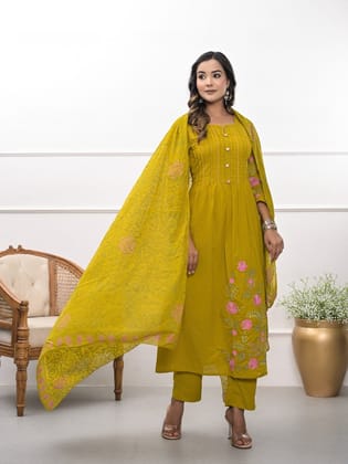 Cotton A line kurta, pant and dupatta set with embroidery work-4XL