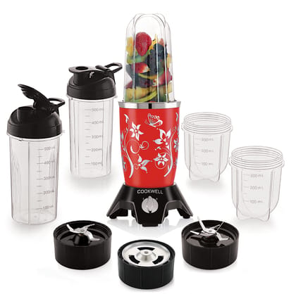 Cookwell Bullet Mixer Grinder (5 Jars, 3 Blades, Red) - Copper, 600 Watts - 2 Years Warranty Cookwell Bullet Mixer Grinder (5 Jars, 3 Blades, Red) - Copper, 600 Watts - 2 Years Warranty - Red / 5 Jars, 3 Blades