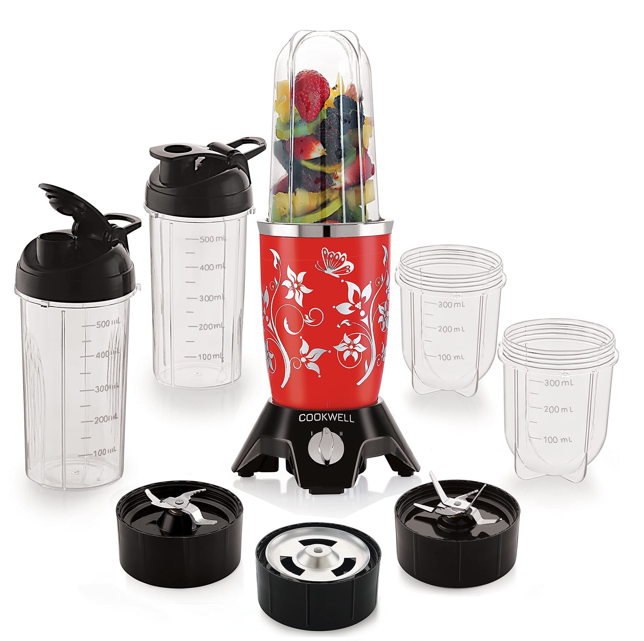 Cookwell Bullet Mixer Grinder (5 Jars, 3 Blades, Red) - Copper, 600 Watts - 2 Years Warranty Cookwell Bullet Mixer Grinder (5 Jars, 3 Blades, Red) - Copper, 600 Watts - 2 Years Warranty - Red / 5 Jars, 3 Blades