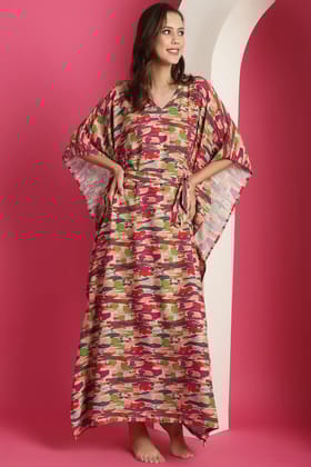 Red & Green Abstract Printed Maxi Kaftan Nightdress-S