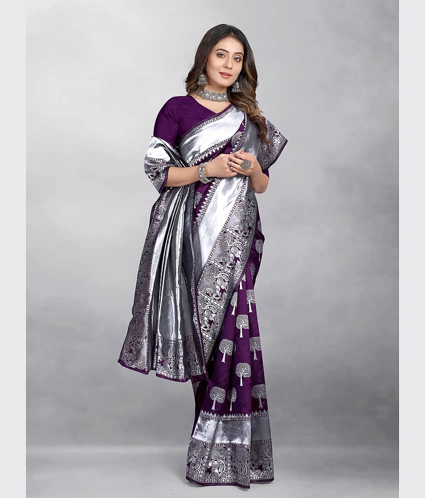 Gazal Fashions Banarasi Silk Embellished Saree With Unstitched Blouse Piece ( Wine )