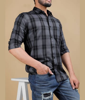 Eyebogler Cotton Blend Regular Fit Checks Full Sleeves Men's Mandarin Collar T-Shirt - Grey ( Pack of 1 )