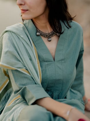 Sage green kurta set with jaamdani Dupatta-S