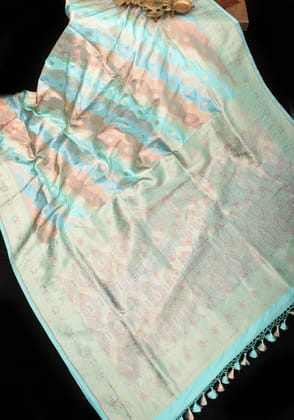 Sky Blue and Peach leheria Jaal Banarasi katan silk saree with zari Meenakari border | SILK MARK CERTIFIED
