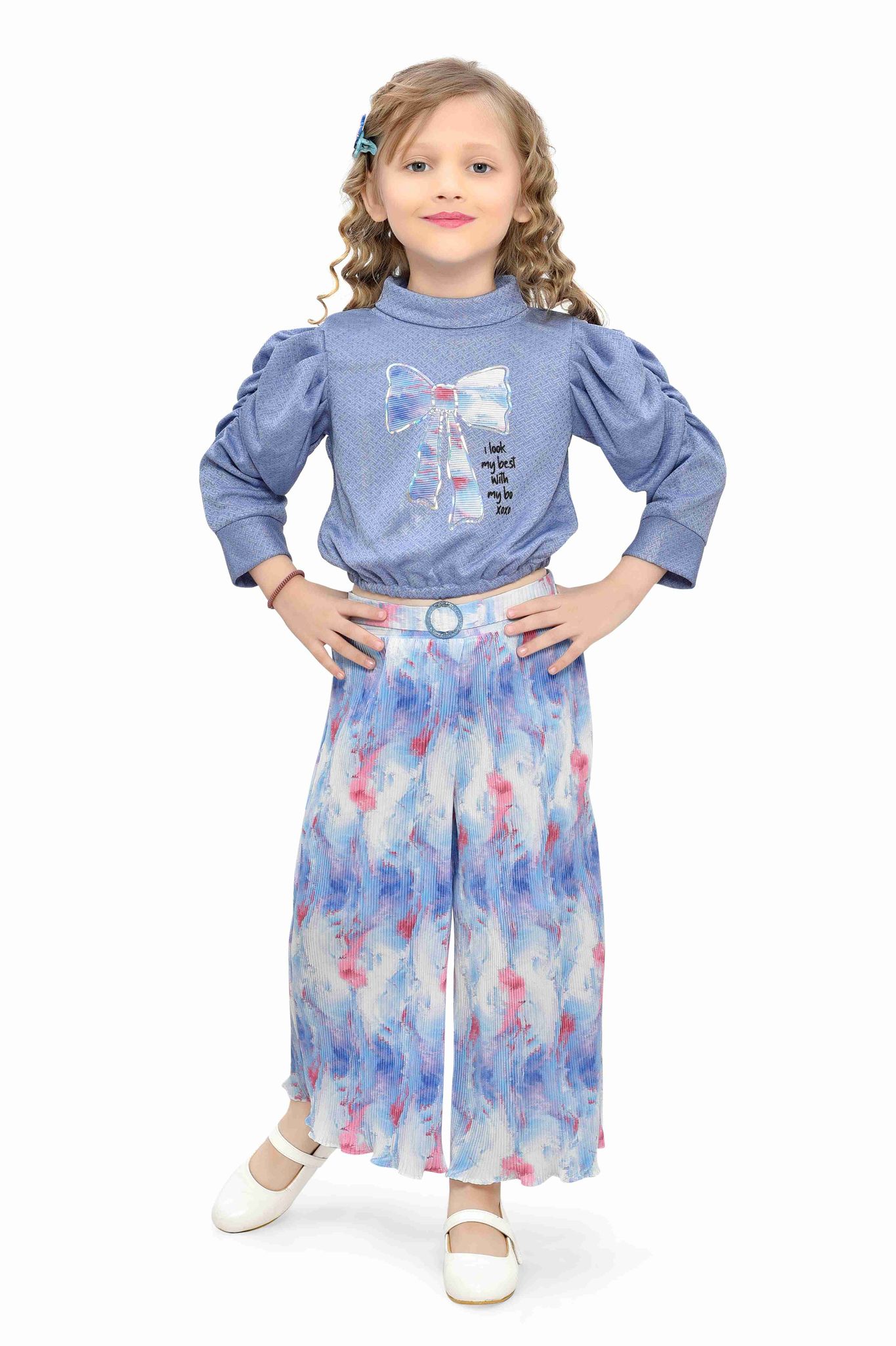 Be:Kids Blue Puff-Sleeve Top and Floral Palazzo Pants Set for Girls