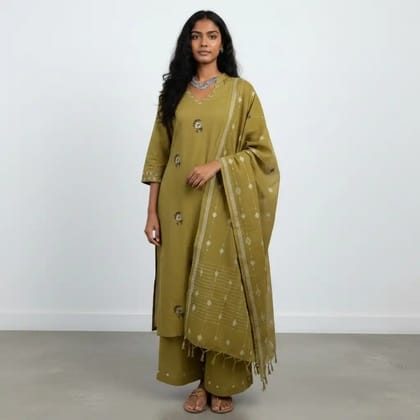 Olive Green Handloom Cotton Co-Ord Set with Mirror Work, 3-Piece
