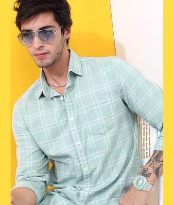 Highlander Cotton Blend Slim Fit Checks Full Sleeves Men's Casual Shirt - Mint Green ( Pack of 1 )