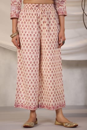 Hazira Fahima Peach Block Printed Cotton Palazzo-S / Peach / Pink