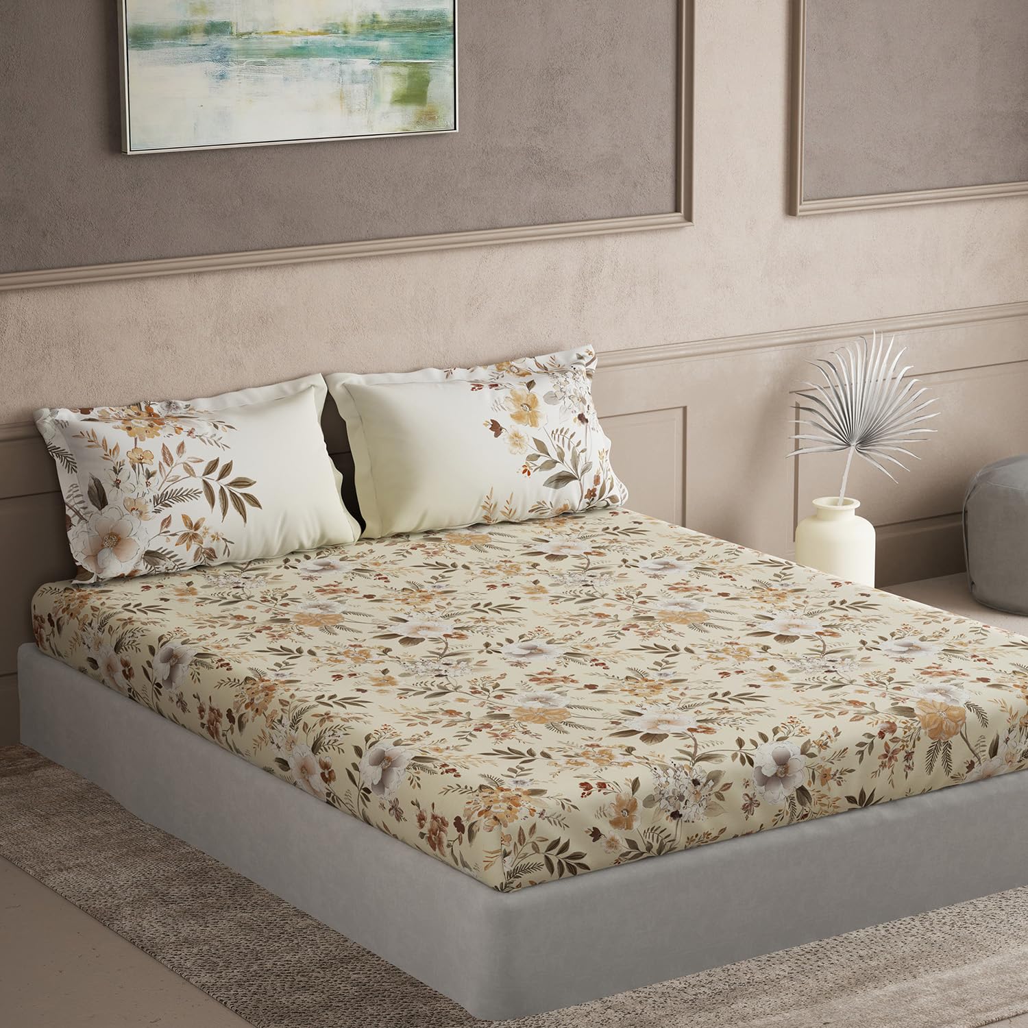 DDECOR - Maxima Collection 100% Cotton Floral Pattern 145TC Super King |274 CM X 274 CM| Beige