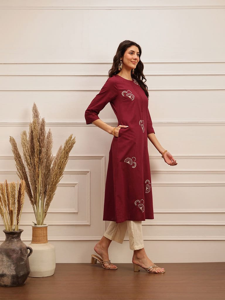 Wine Embroidered Cotton Kurta
