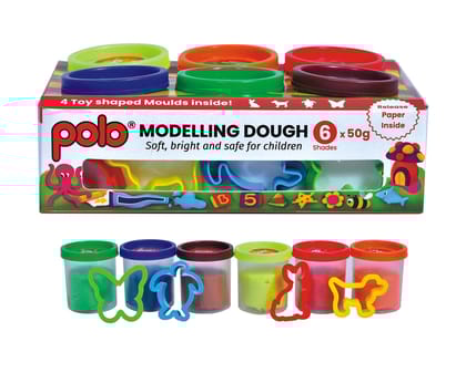 polo Modelling Dough Set - 6 Vibrant Colors (300g Total) | Includes 4 Fun Shaped Moulds | Safe, Soft, and Non-Toxic Dough for Kids | Creative Play & Craft Set for Children
