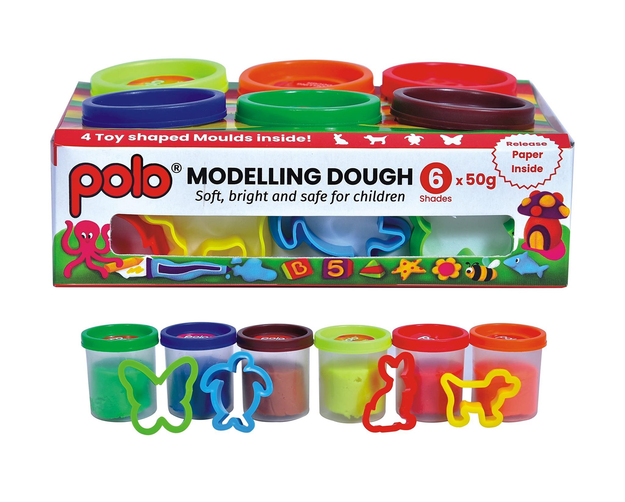polo Modelling Dough Set - 6 Vibrant Colors (300g Total) | Includes 4 Fun Shaped Moulds | Safe, Soft, and Non-Toxic Dough for Kids | Creative Play & Craft Set for Children