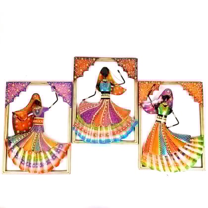 Dancing Ladies Wall Hanging - Jharokha Design | Metal Wall Art With Vibrant Hand Painting - For Home, Big Walls, Living Room, Large Spaces & Gifts - 33 Inch (Pack of 3)
