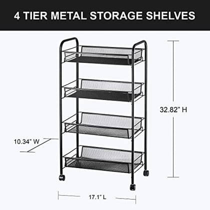 Halter 4-Tier Rolling Basket Stand, Full Metal Rolling Trolley for Kitchen & Bathroom - Four Tier Storage Cart w/Shelves & Wheels - 33” X 17.25” – Black