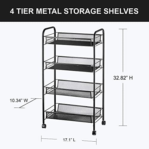 Halter 4-Tier Rolling Basket Stand, Full Metal Rolling Trolley for Kitchen & Bathroom - Four Tier Storage Cart w/Shelves & Wheels - 33” X 17.25” – Black