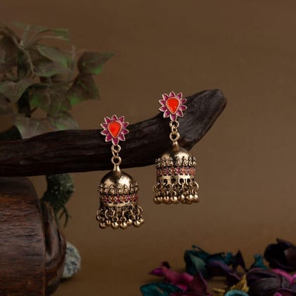 Gold Plated Floral Designed Enamel Artwork Antique Jhumki Earring- AER 1651