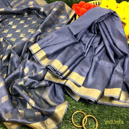 Handwoven Tussar Silk saree with woven zari Pallu & Border