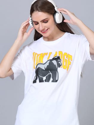 Women LIVIN LARGE Printed Oversized T-Shirt-M / White