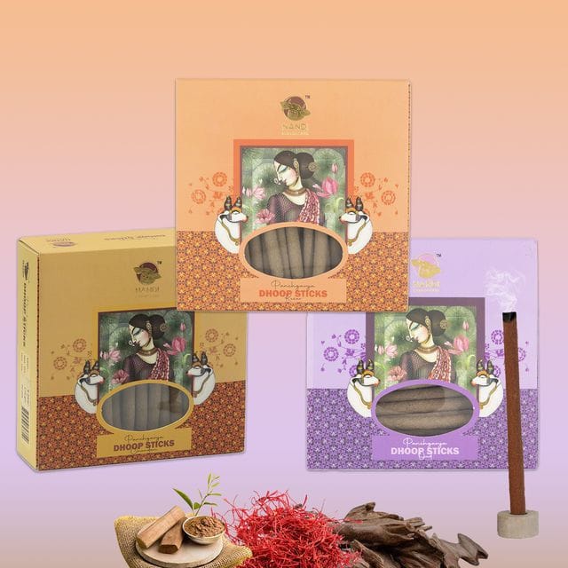 Nandi Panchgavya 100 Percent Cow Dung Dhoop Sticks for Pooja with Stand (Chandan, Kesar, Oud Fragrance - Pack of 3,150 Sticks)