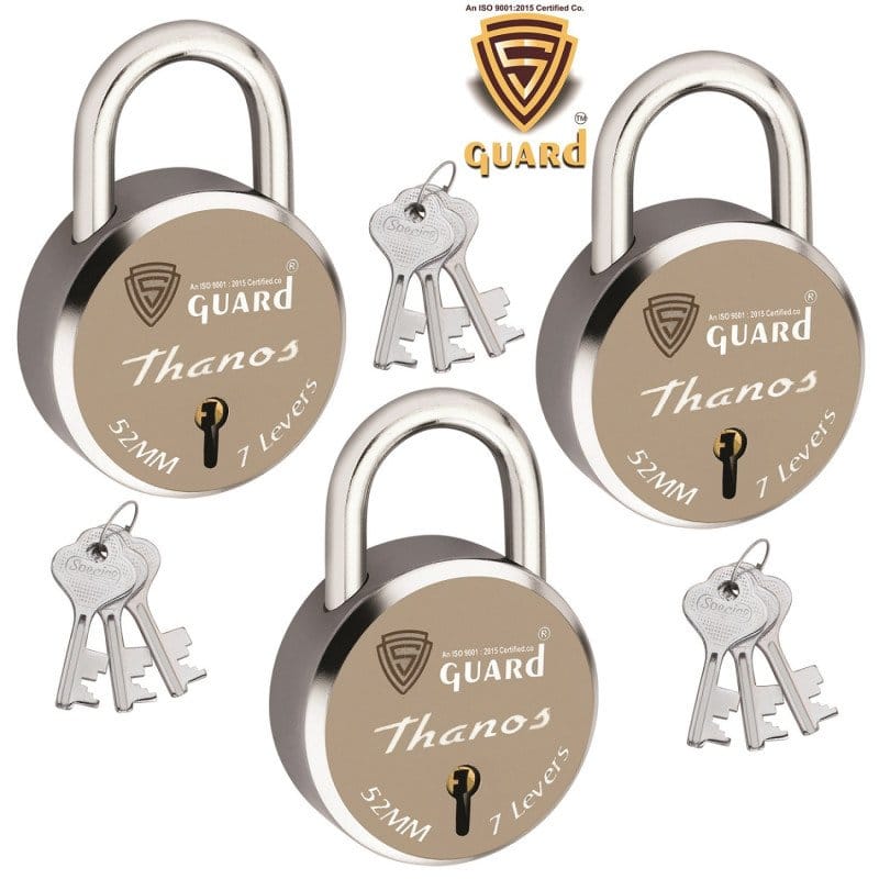 S-Guard Thanos Laser Printed Door Lock, Lock for Gate-52MM-7 Levers, Double Locking, Pack of 3 Padlock (Silver-Gold)