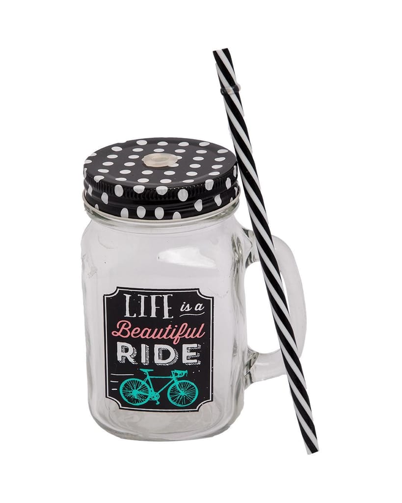 Mason Jar, with Straw & Lid, Black, Glass, 450 mL