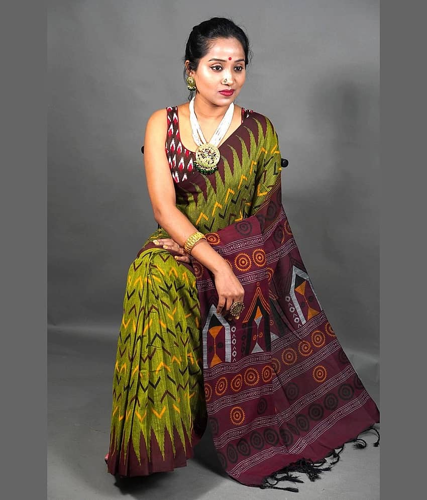 SARADA HANDLOOM Cotton Striped Saree With Unstitched Blouse Piece ( Green )